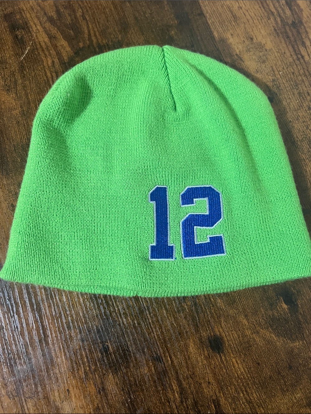 Green Knit Beanie with Blue '12' Patch